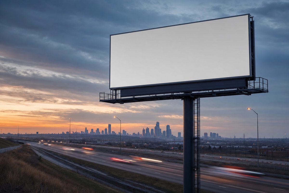 Blank digital billboard on a steel monopole beside a multi-lane interstate at dusk with a city skyline behind it, the format used for billboard advertising in Kansas City, MO