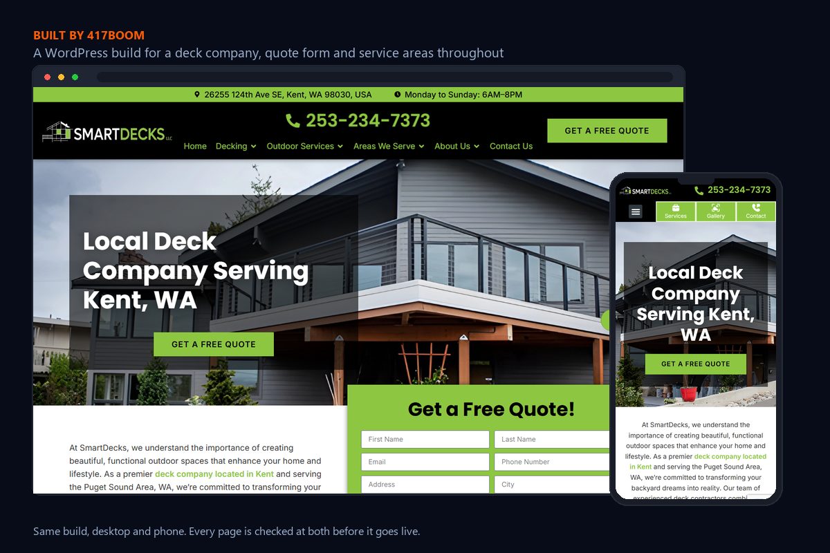 A custom WordPress website built by 417BOOM for a deck company, shown on desktop and on a phone