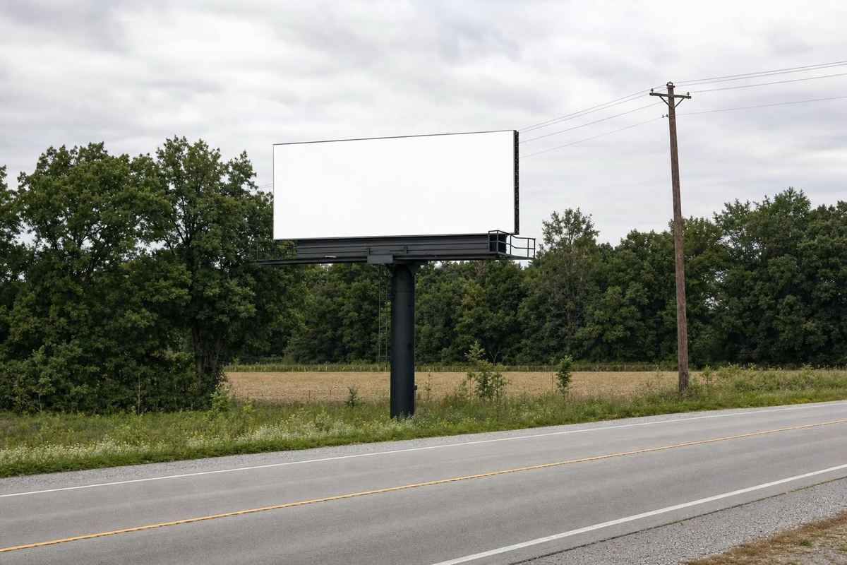 Blank billboard on a two-lane highway, the scale of digital billboard advertising in Nixa, MO