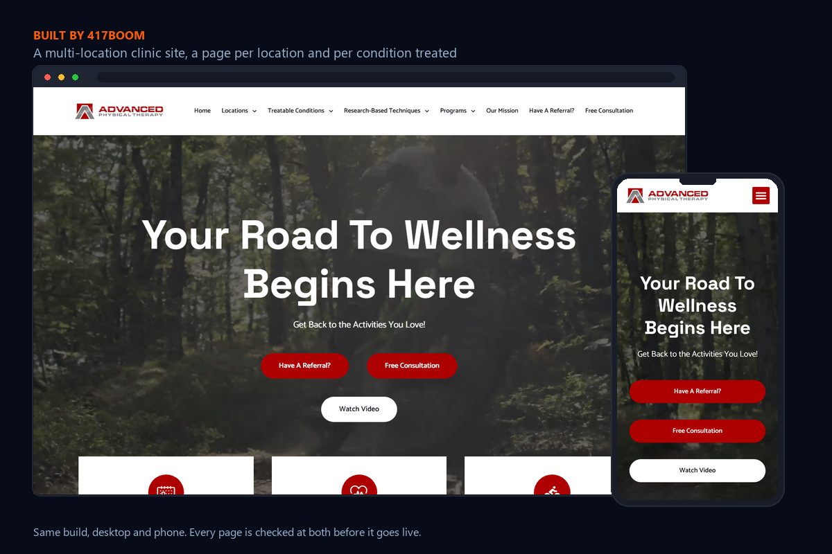 A multi-location physical therapy clinic website built by 417BOOM shown on desktop and on a phone