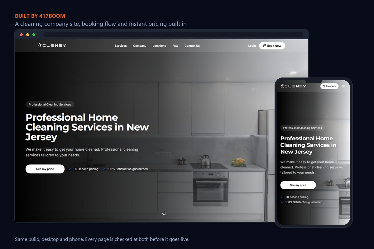 A cleaning company website built by 417BOOM shown on desktop and on a phone, with its booking and instant pricing flow
